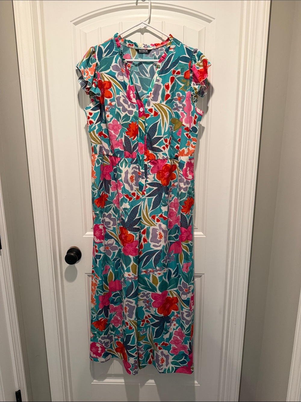 BloomChic Teal wide leg Romper with Pink & Red Floral Print